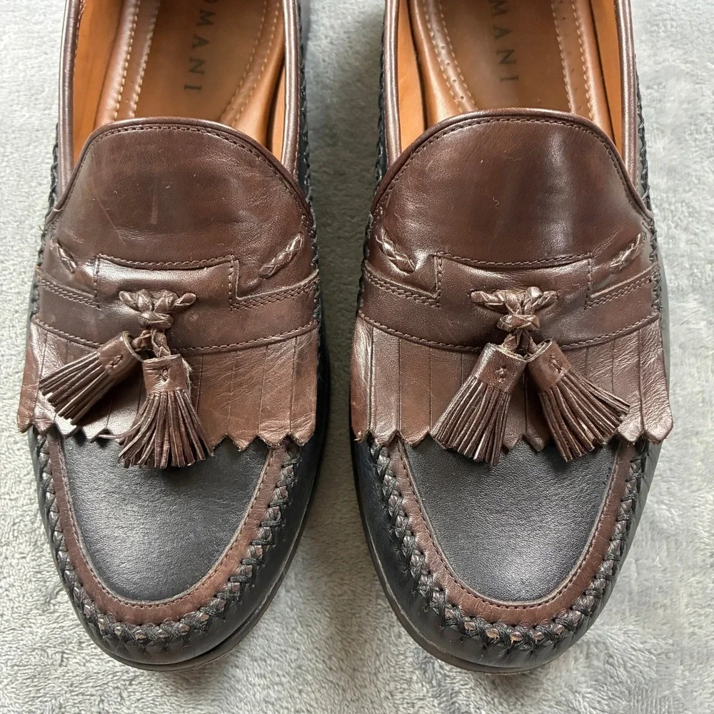 Domani Mens 11M Two Tone Brown Black Leather Tassel Kiltie Loafers India Preppy
